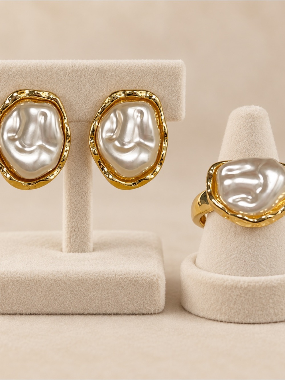 Gold-Tone Faux Pearl Statement Earrings and Ring Set
